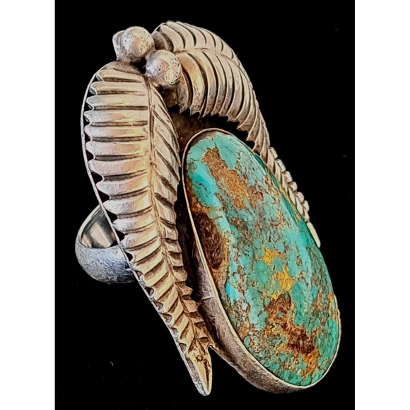 Huge Lone Mountain Turquoise Native American Ring 8 Stamped MF 34.3g - Picture 3 of 8